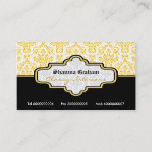 Black yellow white damask interiors business card