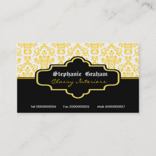 Black yellow white damask interiors business card