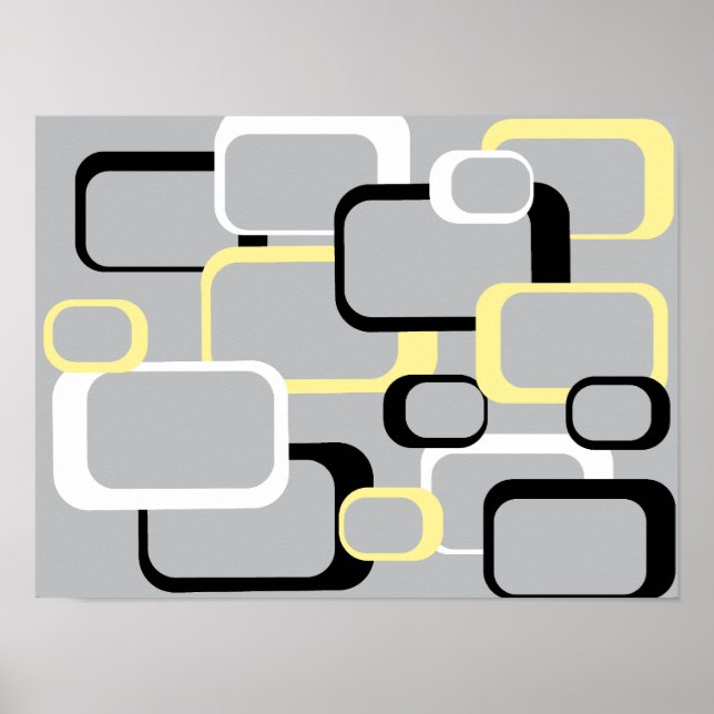 Black Yellow White Grey Retro Squares Mid Century Poster (Front)