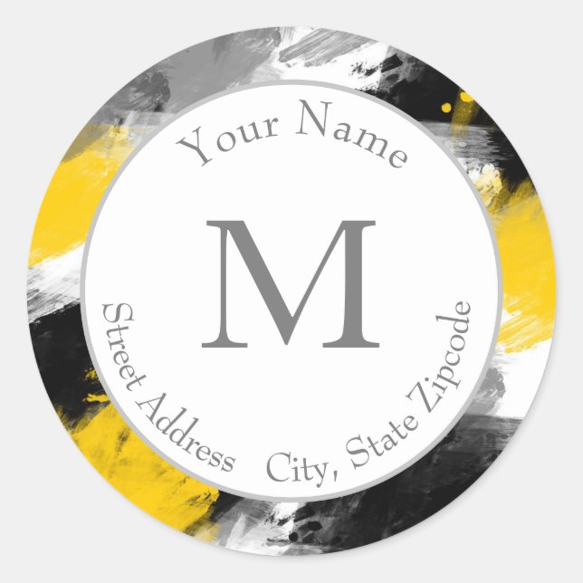 Black Yellow White Modern Abstract Brushstrokes  Classic Round Sticker (Front)