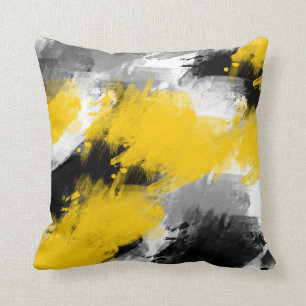 Black Yellow White Modern Abstract Brushstrokes Cushion