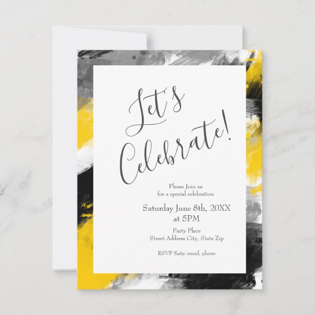 Black Yellow White Modern Abstract Brushstrokes Invitation (Front)