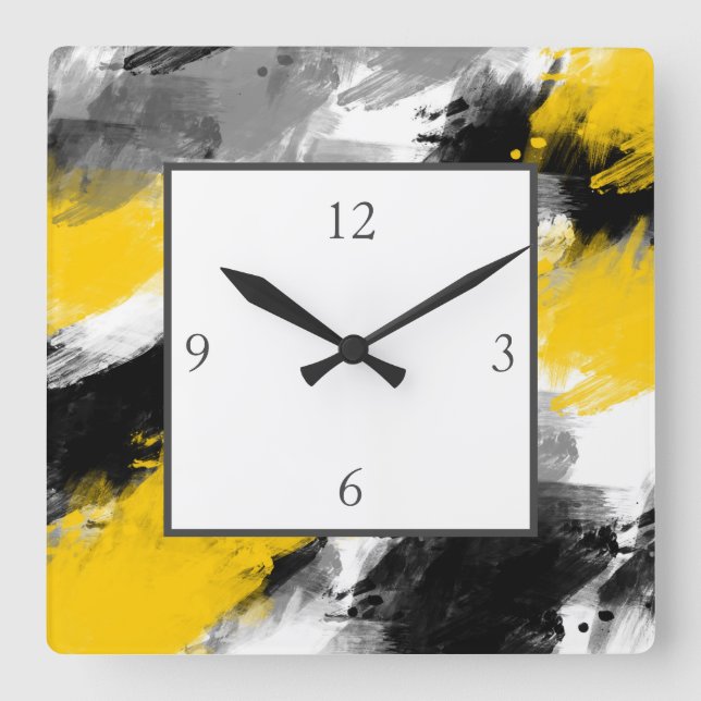  Black Yellow White Modern Abstract Brushstrokes Square Wall Clock (Front)