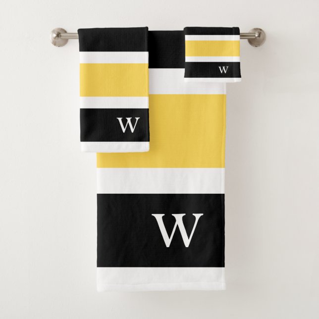 Black Yellow White Monogram Modern Striped Bath Towel Set (Insitu)