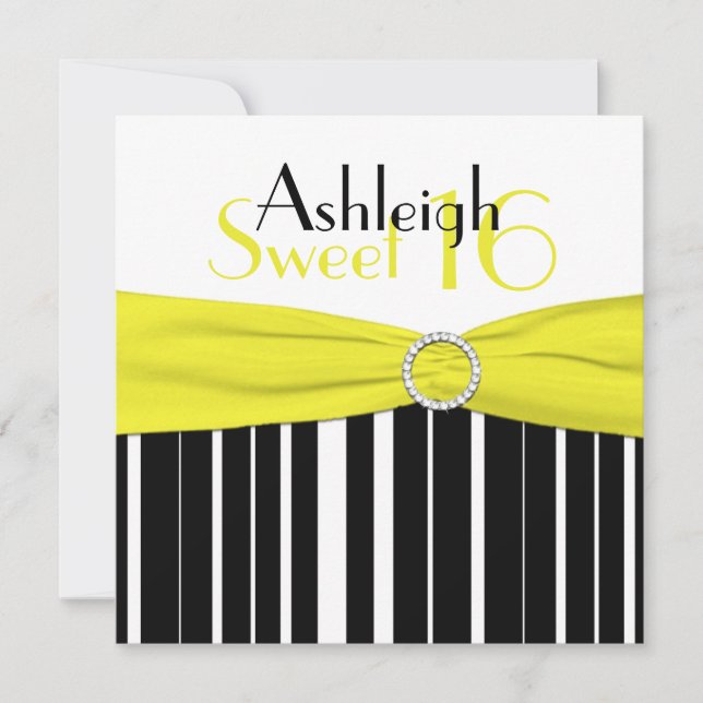 Black, Yellow, White Sweet 16 Invite FAUX Bling (Front)