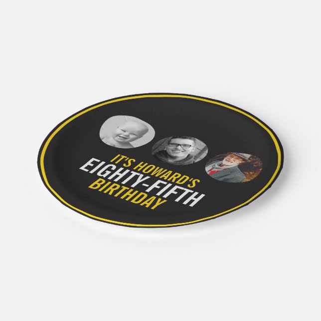 Black yellow white three photos 85th birthday paper plate (Angled)