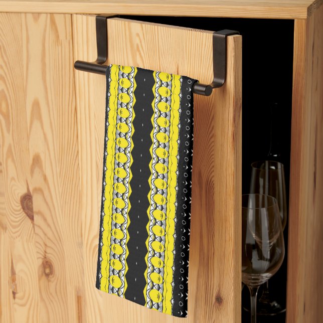 Black, Yellow & White Tribal Pattern Tea Towel (Thirds Fold)
