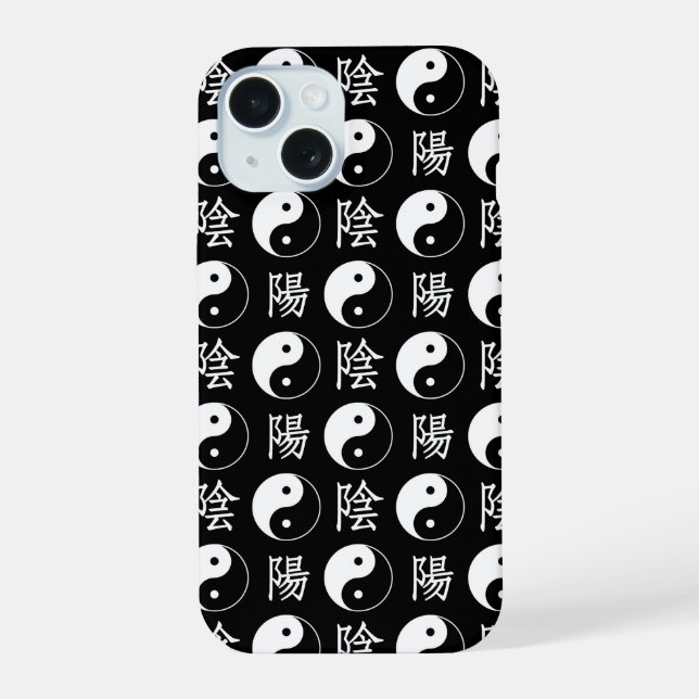 Black Yinyang Symbol Chinese Text Pattern iPhone 15 Case (Back)