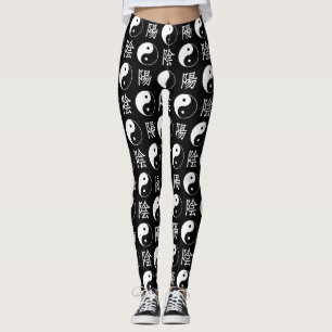 Black Yinyang Symbol Chinese Text Pattern Leggings