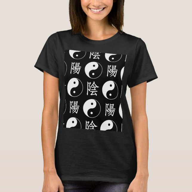 Black Yinyang Symbol Chinese Text Pattern T-Shirt (Front)