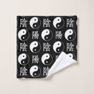 Black Yinyang Symbol Chinese Text Pattern Wash Cloth