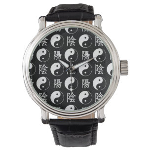 Black Yinyang Symbol Chinese Text Pattern Watch