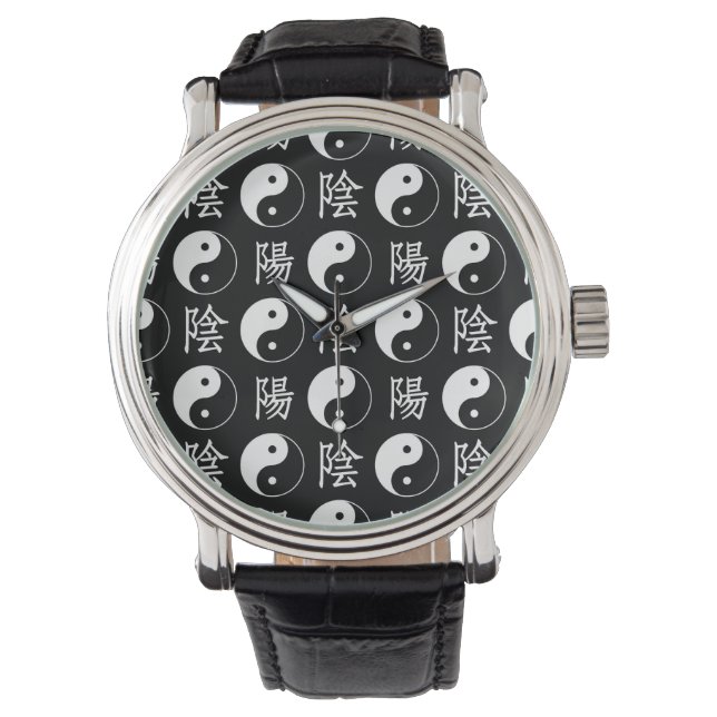 Black Yinyang Symbol Chinese Text Pattern Watch (Front)