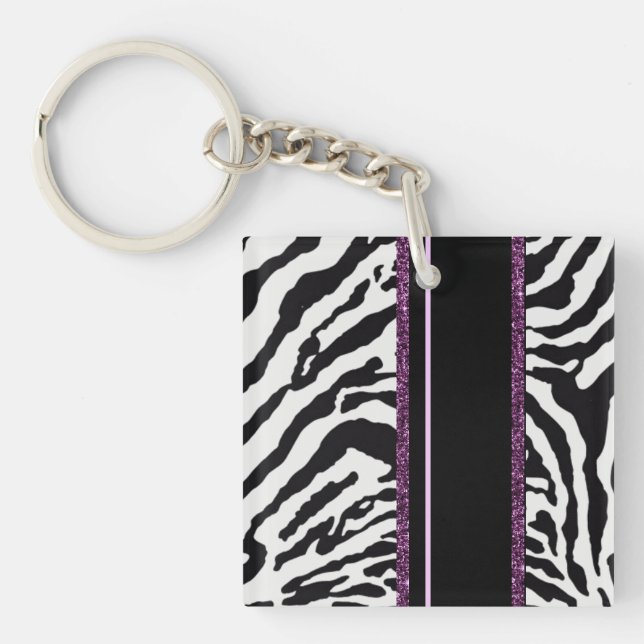 black zebra and pink geometric shape key ring (Front)
