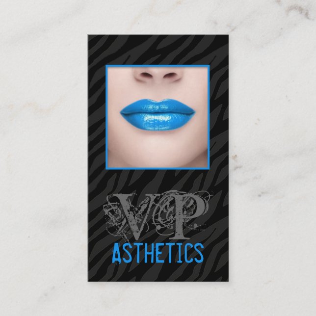 Black Zebra Print Blue Lips Make Up Business Card (Front)