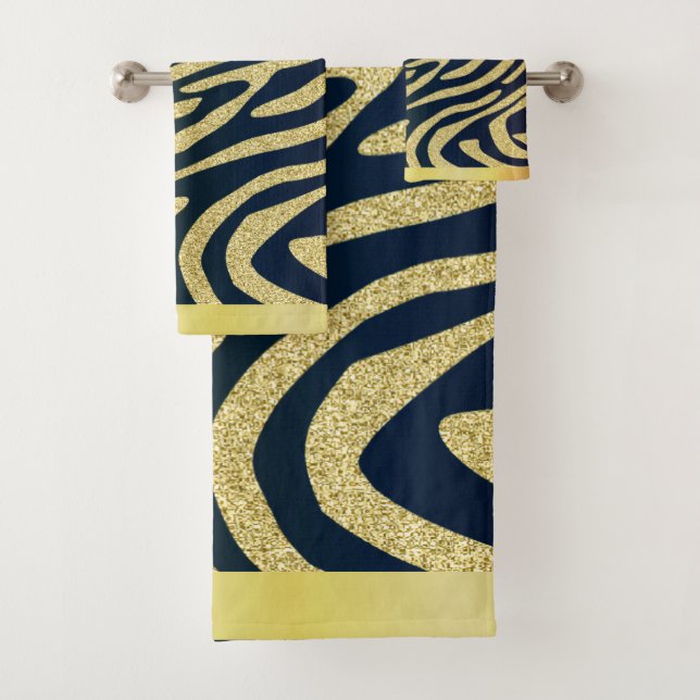 Black Zebra-Skin Stripes On Gold Glitter Bath Towel Set (Insitu)