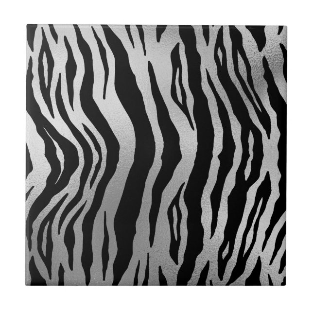 Black Zebra Stripes Animal Print Silver Luxury Ceramic Tile (Front)