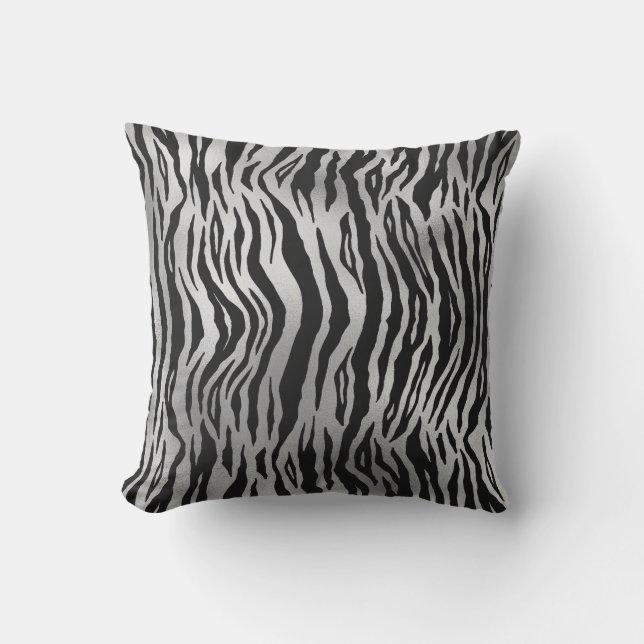 Black Zebra Stripes Animal Print Silver Luxury Cushion (Front)