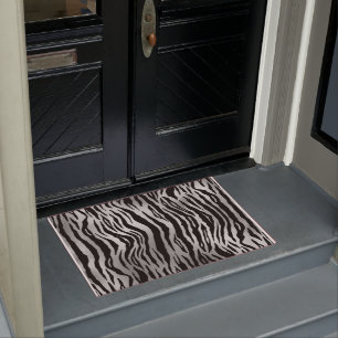 Black Zebra Stripes Animal Print Silver Luxury Doormat