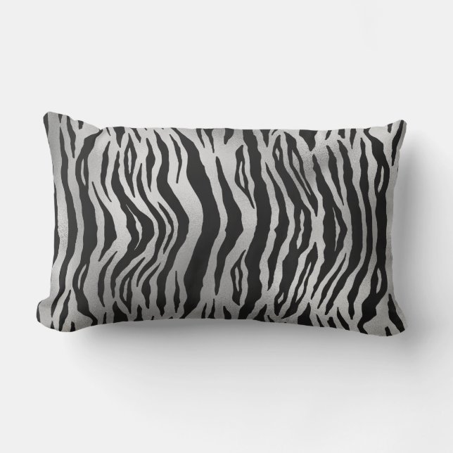 Black Zebra Stripes Animal Print Silver Luxury  Lumbar Cushion (Front)