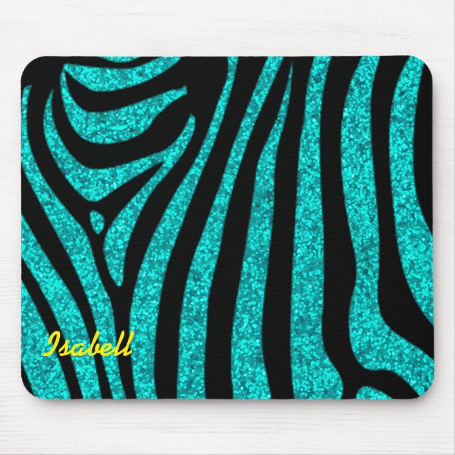 Black Zebra Stripes Name Teal Glitter Mouse Pad (Front)