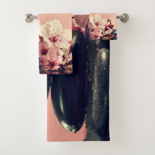 Black Zen Stones Flowers Bath Towel Set