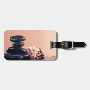 Black Zen Stones Flowers Luggage Tag