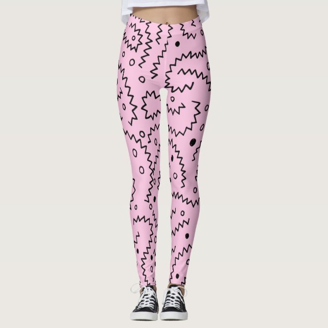 Black zigzag lines on pink pattern  leggings (Front)