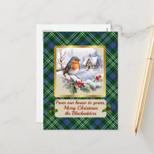 Blackadder Crest & Tartan w/Robin Personalised Holiday Postcard