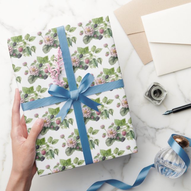 Blackberries and Blossoms on White Wrapping Paper (Gifting)