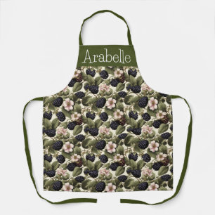 Blackberries with Pink Flowers on Green Leaves Apron