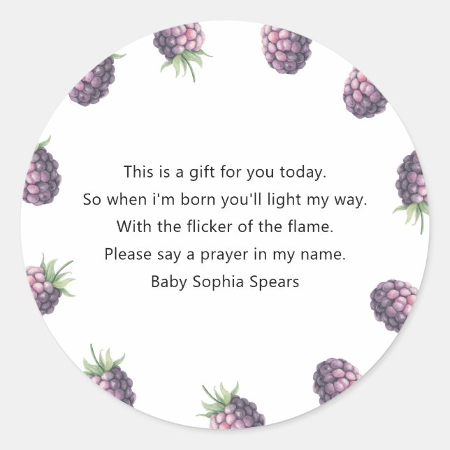Blackberry baby shower - Prayer candle label (Front)