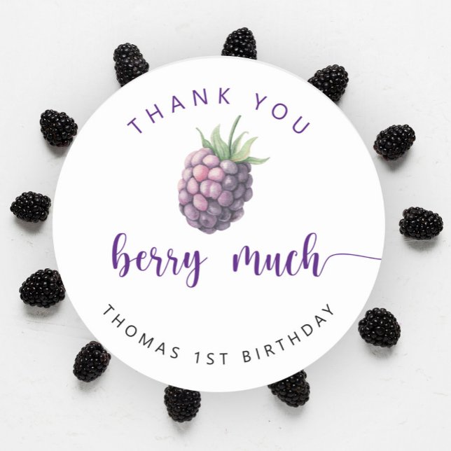 Blackberry birthday party thank you berry much classic round sticker (Creator Uploaded)
