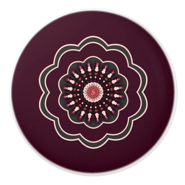 Blackberry Burgundy Rosette Monogram Round Ceramic Knob (Front)