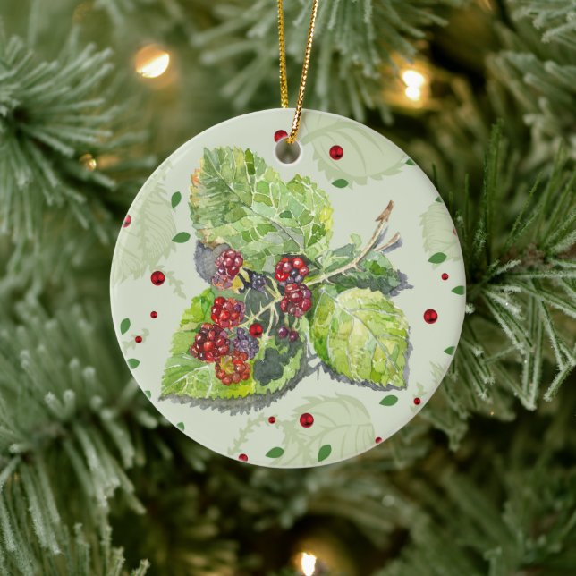BlackBerry green and red  Watercolor Ceramic Ornament (Tree)