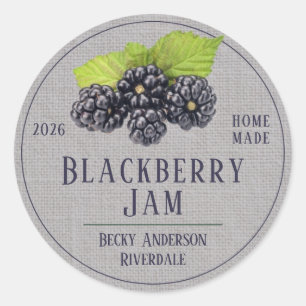 Blackberry Jam on Grey Linen Homemade Round Label