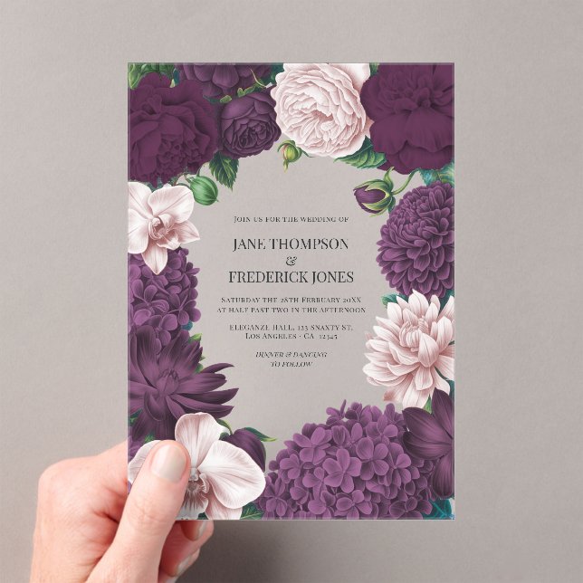 Blackberry, Smoky Plum & Lilac Ash Floral Wedding Acrylic Invitations (Insitu (Handheld))