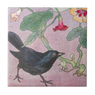 Blackbird and Nasturtiums Ceramic Tile