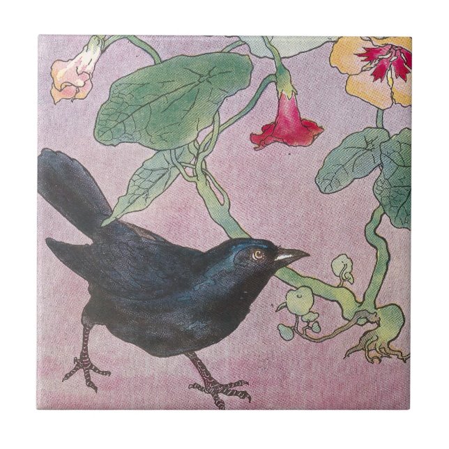 Blackbird and Nasturtiums Ceramic Tile (Front)