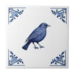 Blackbird Delft Blue and White Floral Corners Bird Ceramic Tile