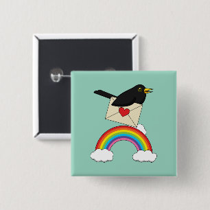 Blackbird Flying Above the Rainbow with a Letter 15 Cm Square Badge