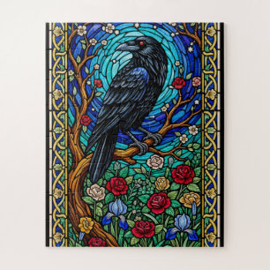 Blackbird Garden Stained Glass Corvid Raven Jigsaw Puzzle