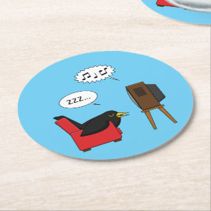 Blackbird Sleeping in Front of the TV Comic Round Paper Coaster