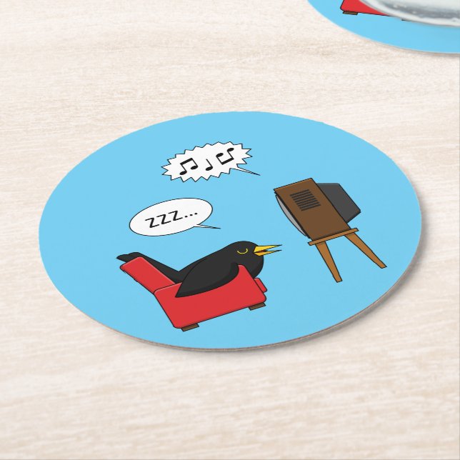 Blackbird Sleeping in Front of the TV Comic Round Paper Coaster (Angled)