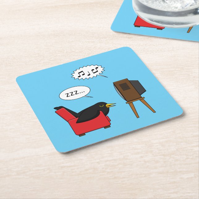 Blackbird Sleeping in Front of the TV Comic Square Paper Coaster (Angled)