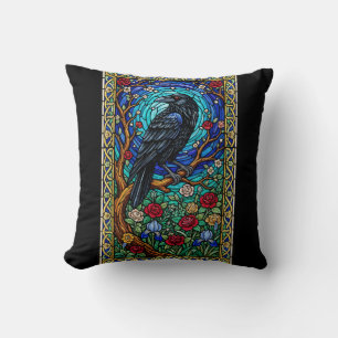 Blackbird Stained Glass Corvid Raven Cushion