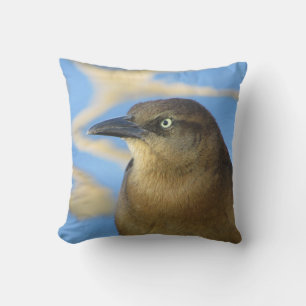 Blackbird Stare Photo with Blue Water Nature Cushion