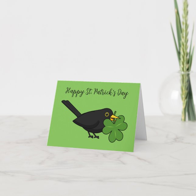 Blackbird with Shamrock Clover Cartoon | Add Text Card (Front)
