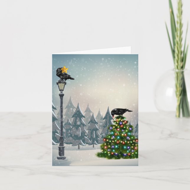 Blackbirds Decorating Ravens Christmas Holiday Card (Front)