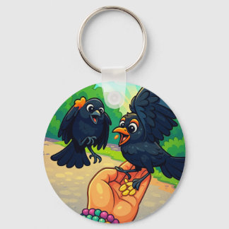 Blackbirds feeding from hand in the park cartoon key ring